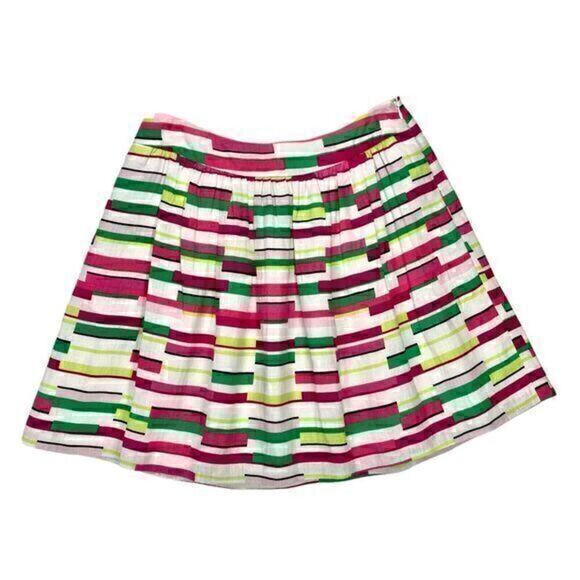 Kaari Blue Linen Pleated Skirt Womens 10 White Pink Multi Abstract Circle Mini - Picture 8 of 9
